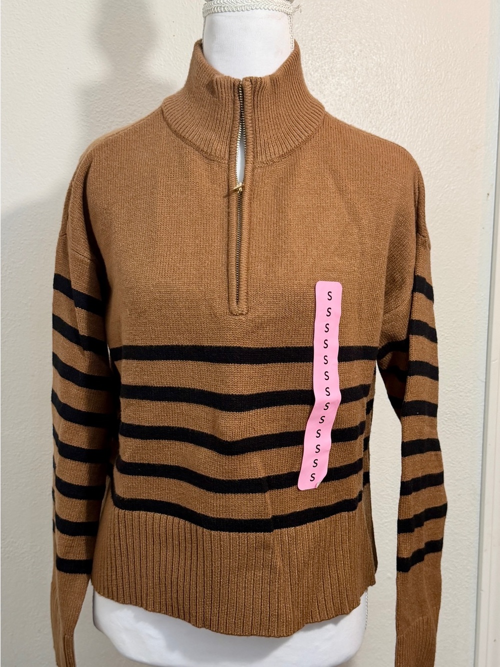 DKNY Camel and Black Striped Half-Zip Turtleneck Sweater